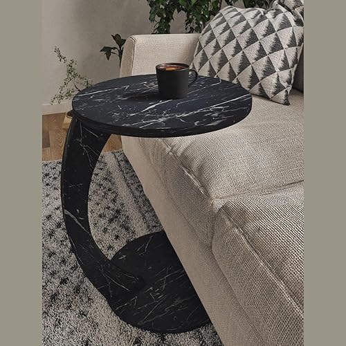 Furpinea Mesa auxiliar en forma de C para sofá y lugares pequeños, mesa auxiliar redonda de mármol sintético negro para sofá y mesita de noche con