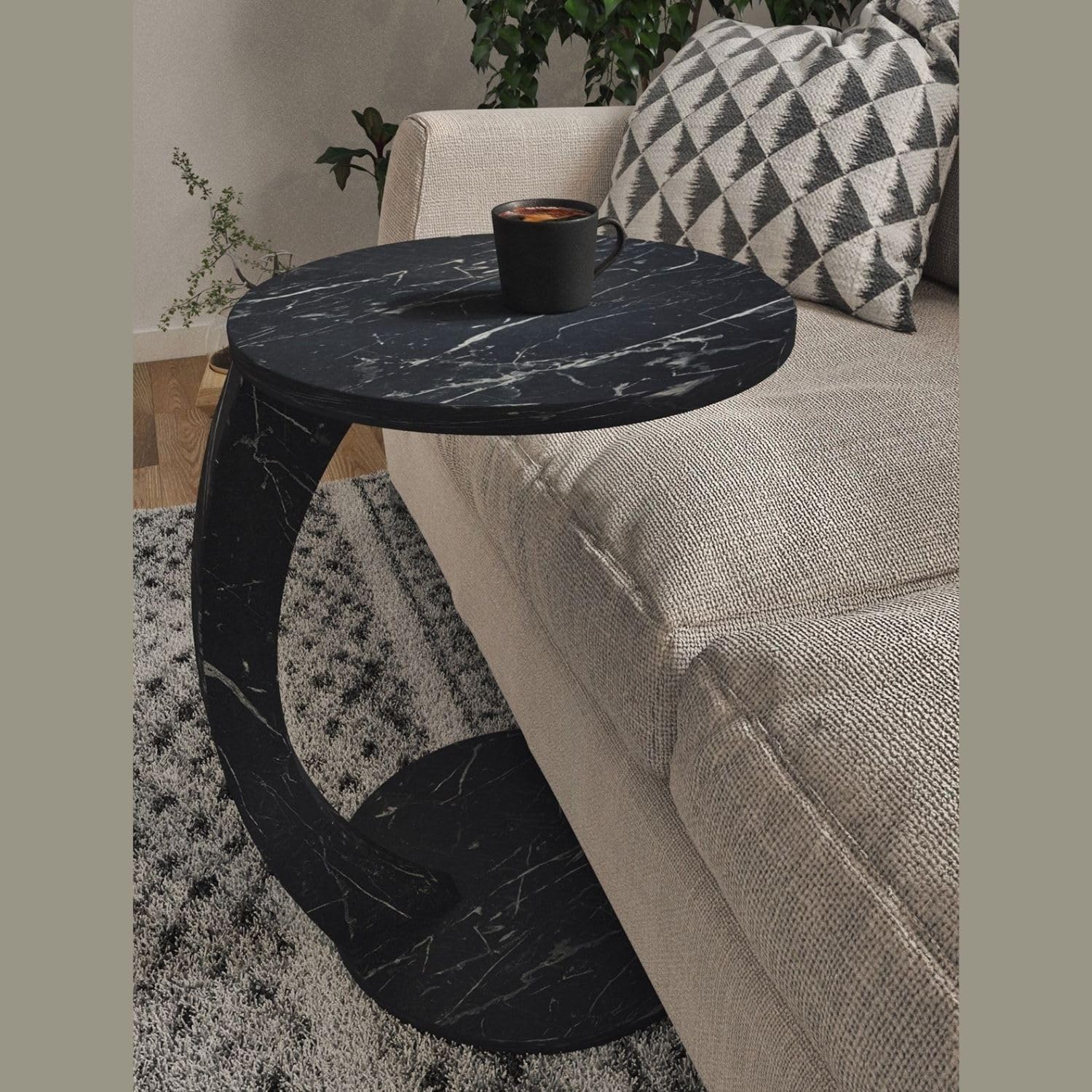 Furpinea C Shaped End Table for Couch Small Places, Faux Marble Black Space Saver Round Side Table for Sofa and Bedside with Wheels, Coffee and Eating