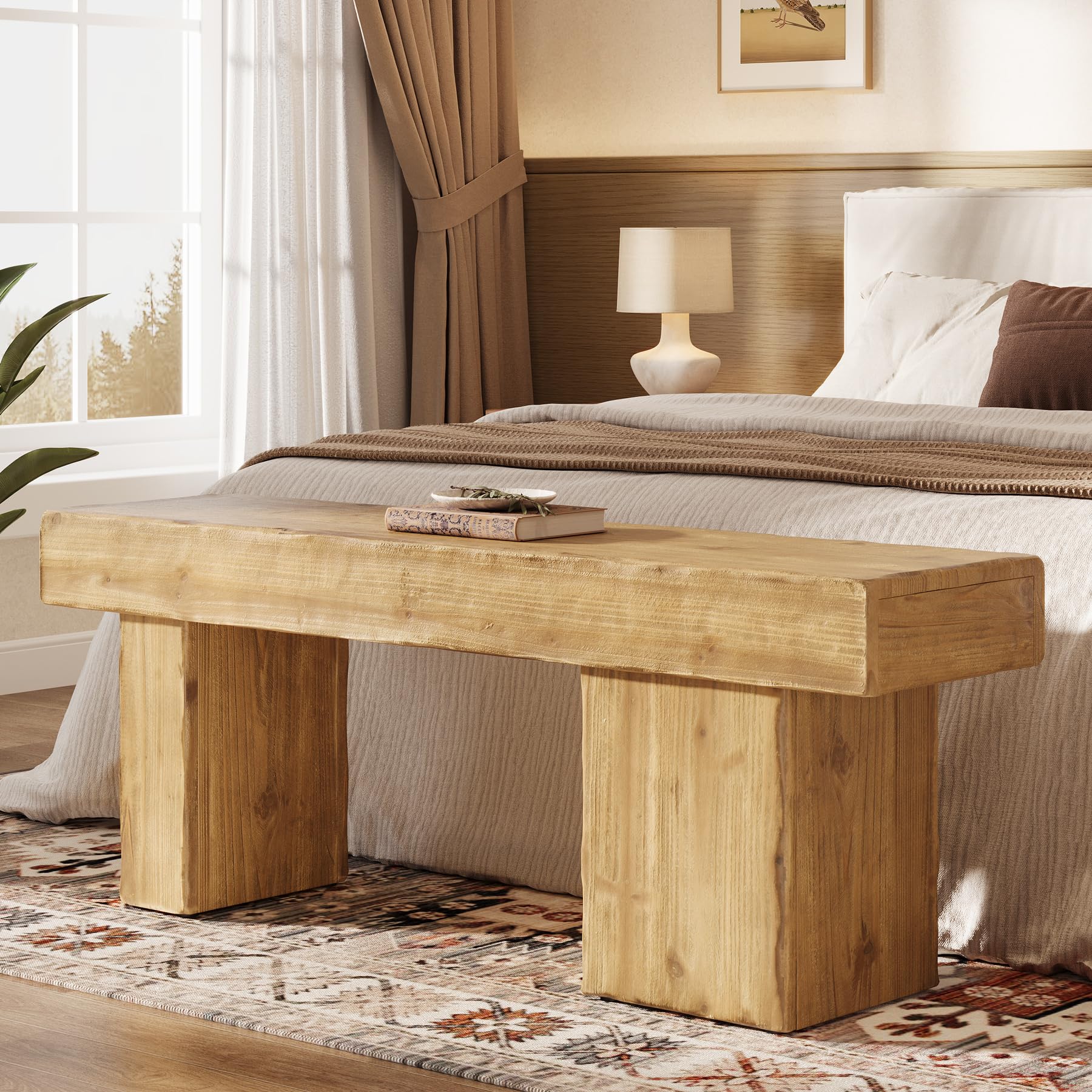 Banco de Madera Maciza 120 cm, Banco de Comedor para 2-3 Personas, Banco de Madera de Abeto, Banco Rústico para Recibidor, Entrada, Dormitorio, Cocina y Comedor, Color Natural
