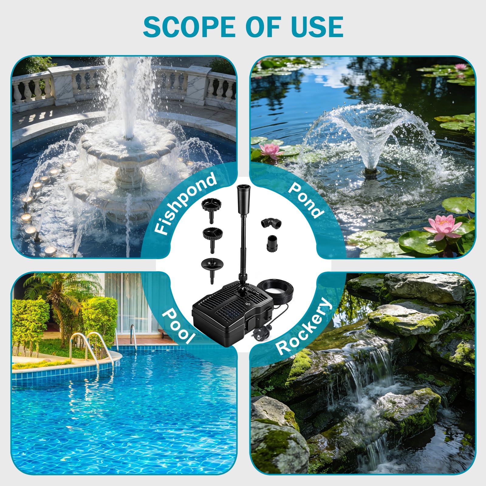 EXLECO Bomba para Estanque con Filtro UVC, 2500 L/h 54W, Fuente de Agua Decorativa con 3 Cabezales de Fuente, Medios Filtrantes, Accesorios de Tres Vías, Cable 10 Metros, para Jardin