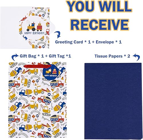 Miniatura 3 de WRAPAHOLIC Bolsas de regalo de cumpleaños grandes de 13 pulgadas con tarjeta y papel de seda, diseño de automóvil para cumpleaños de niños,