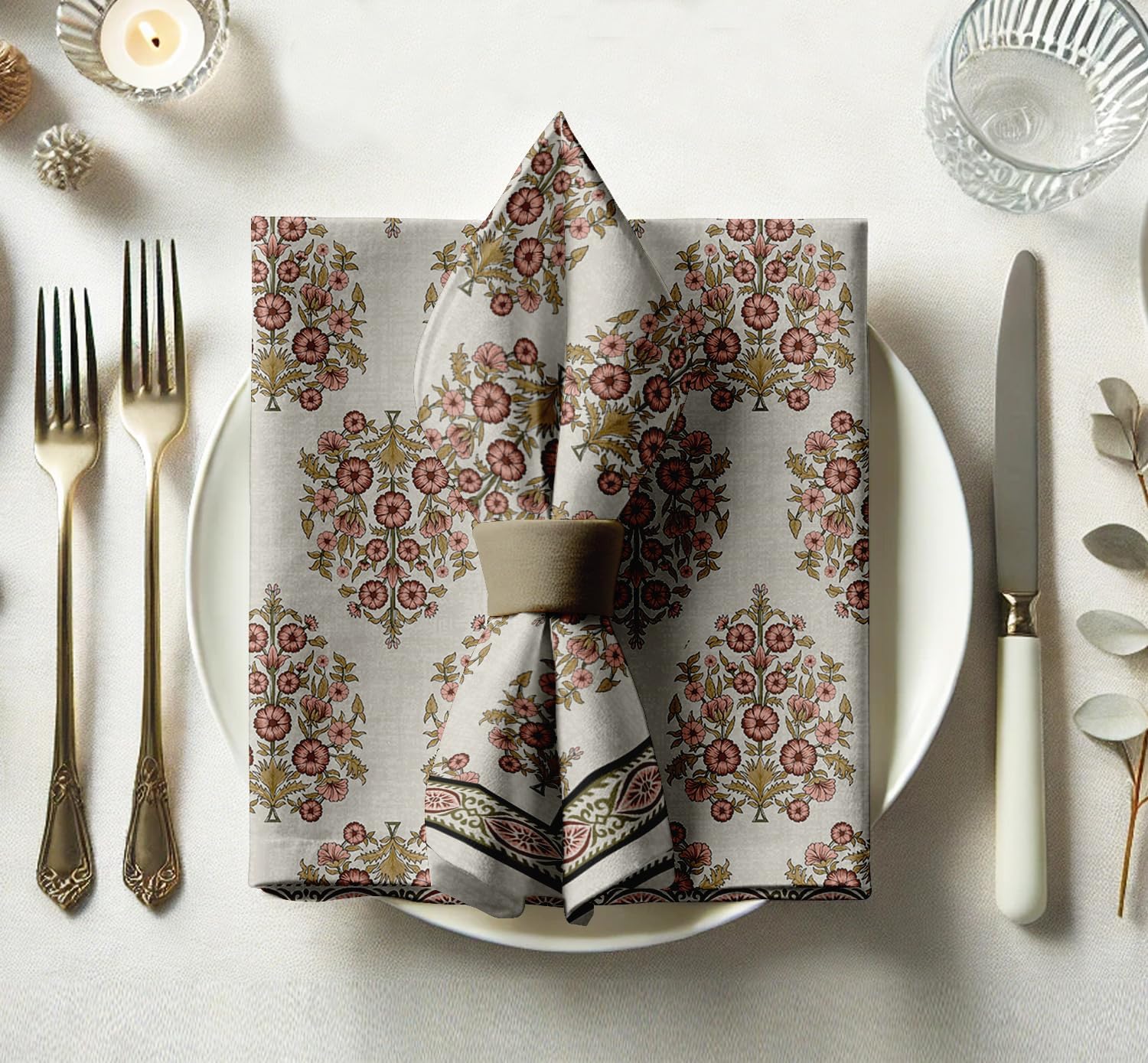 Designer Cotton Twill Napkins - Set of 12, 20-Inch, Block Print, Durable & Absorbent Cloth Napkins for Dining, Parties, and Home Decor - Machine Washable