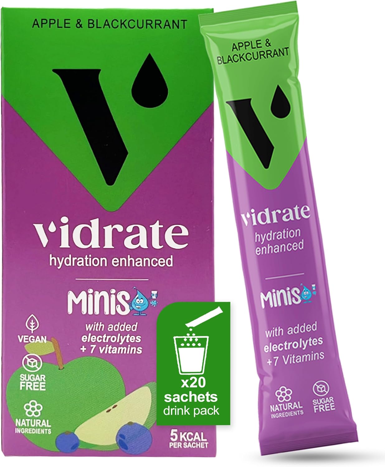 Electrolytes Powder Minis – Hydration Sachets with Vitamins & Electrolytes For Kids – Zero Sugar Hydration Powder No Artificial Sweeteners & Preservatives by ViDrate – Apple & Blackcurrant, 20 Sachets