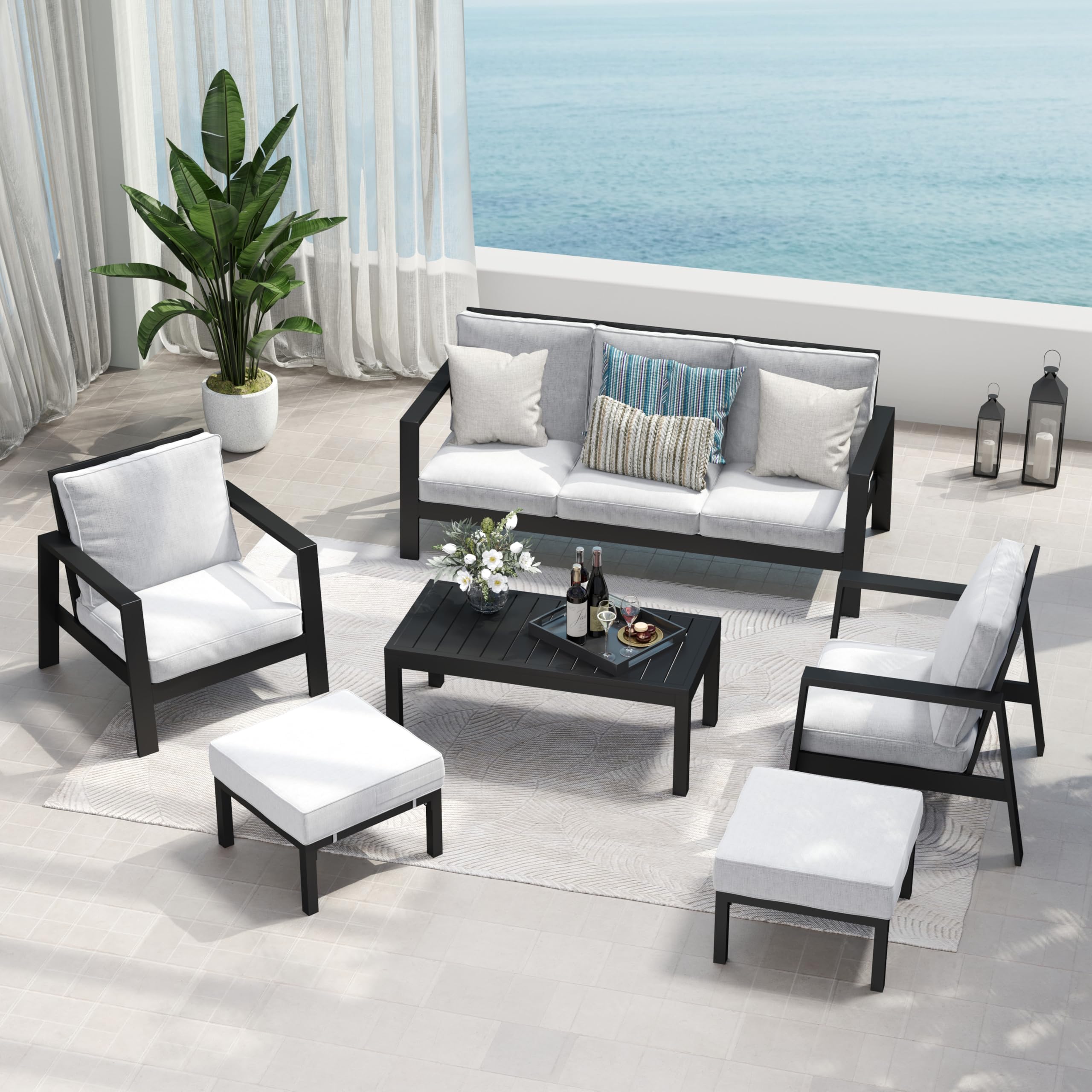 Solaste Aluminum Outdoor Patio Furniture Set, 7 Seats Water-Resistant Patio Conversation Furniture Set, Modern Metal Furniture Set with Coffee Table and Ottomans for Backyard Poolside Garden, Grey incomplete
