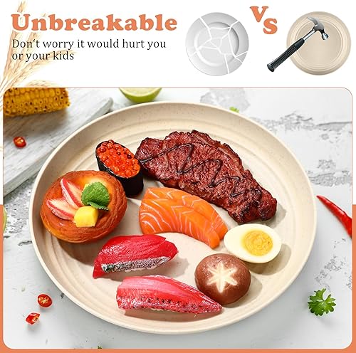 Miniatura 5 de 15 platos de paja de trigo de 10 pulgadas, ligeros, irrompibles, platos profundos reutilizables, aptos para microondas, vajilla para niños pequeños