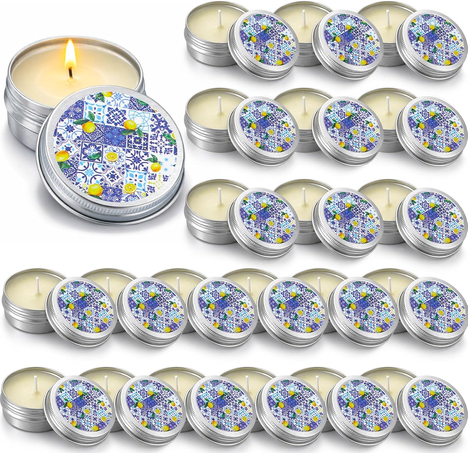 Conelist 24 Pcs Lemon Party Favors Blue and White Lemon Candles Gift Mediterranean Party Supplies Mini Candles Bulk for Amalfi Coast Blue Yellow Tiles Bridal Wedding Shower