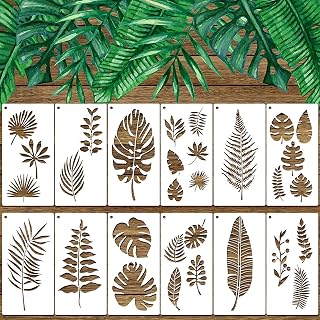 12 Pieces Tropical Fern Leaf Painting Stencils Large Reusable Palm Turtle Leaf Wall Stencil Flexible Botanical Leaves Template Set Crafts for Furniture Canvas Wood Plank (6 x 12 Inches)