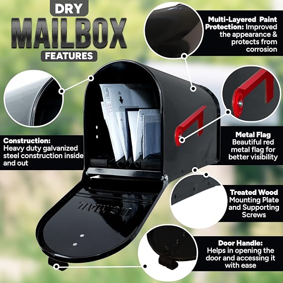 Dry Mailbox Outdoor Metal Mailbox with Mailbox Insert to Keep Mail Dry | Weatherproof Mailbox for Outside for Secure Deliveries | Standard Outside Mailboxes | US Postal Service Approved - Black