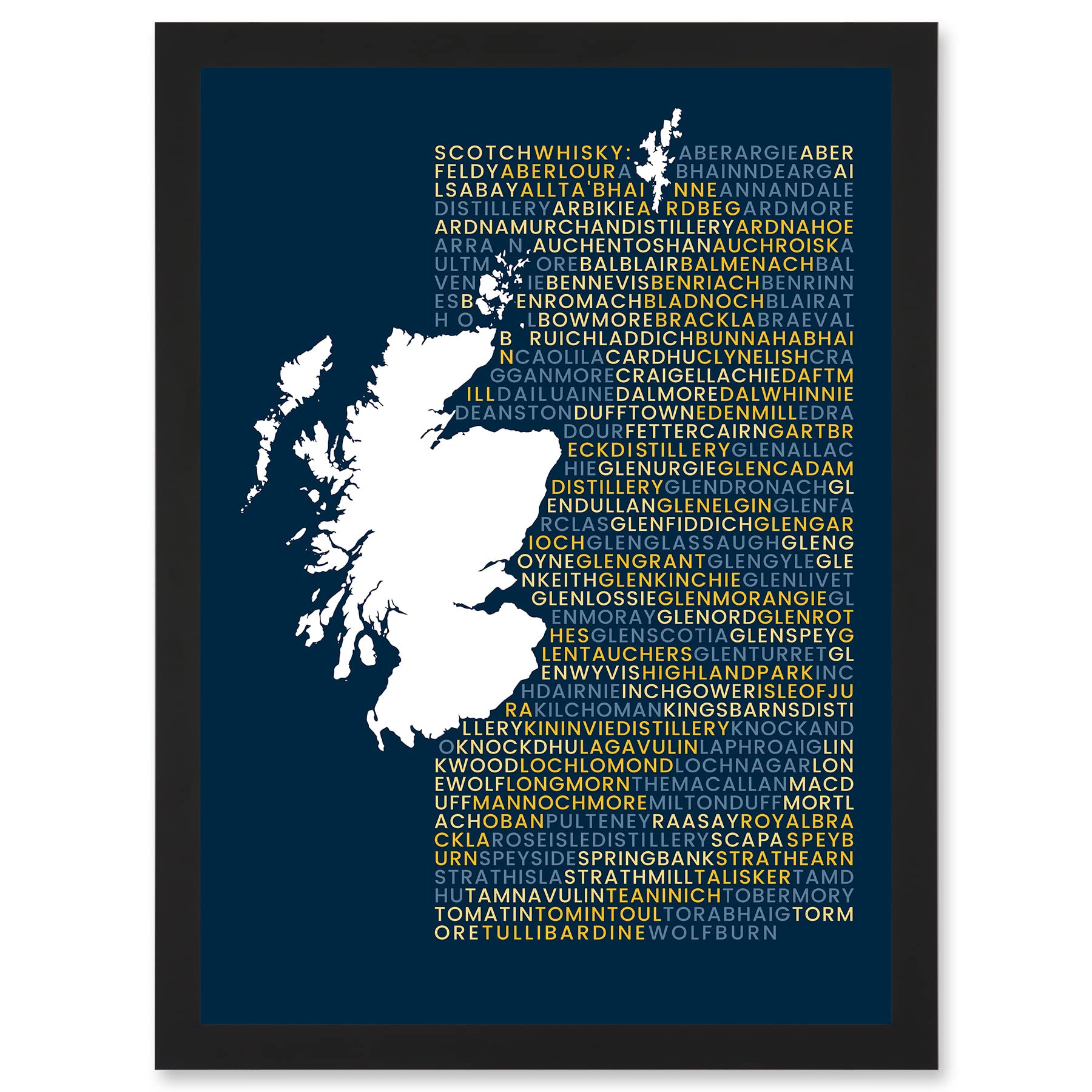 Wee Blue Coo Scotch Whisky Distilleries Typography Map Artwork Framed Wall Art Print A4