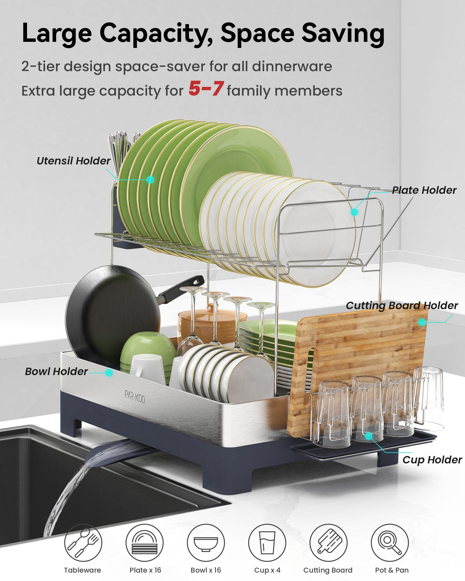 ParKoo Escurridor de platos, extragrande de 2 niveles para encimera de cocina, escurridor de platos de acero inoxidable con boquilla giratoria, estante grande multifuncional con soporte para