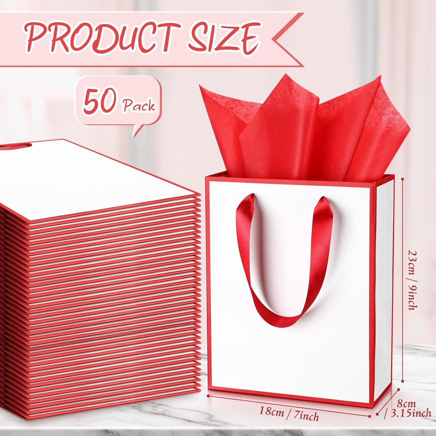 Yeaqee 50 Pack Metallic Gift Bags with Handle and Tissue Paper Gold Foil Thank You Bag for Valentine Wedding 5 Groomsmen Bridal 5 Senses Gifts Holiday Party Favors 9x7x3.15''(White Red) - Image 2