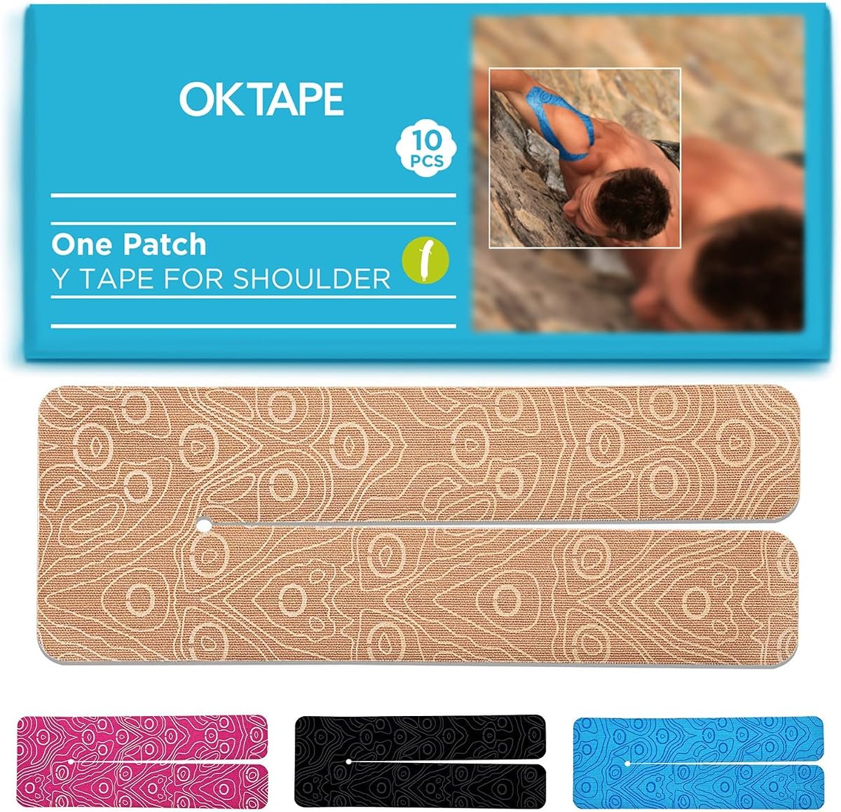 OK TAPE Precut Y-Shape Kinesiology Tape for Shoulder, Knee, Back, 10 Pcs | Elastic Physical Therapy Tape for Pain Relief, Muscle Support, Kinetic Tape, Latex Free, Water-Resistant, 3.5" x 10", Beige