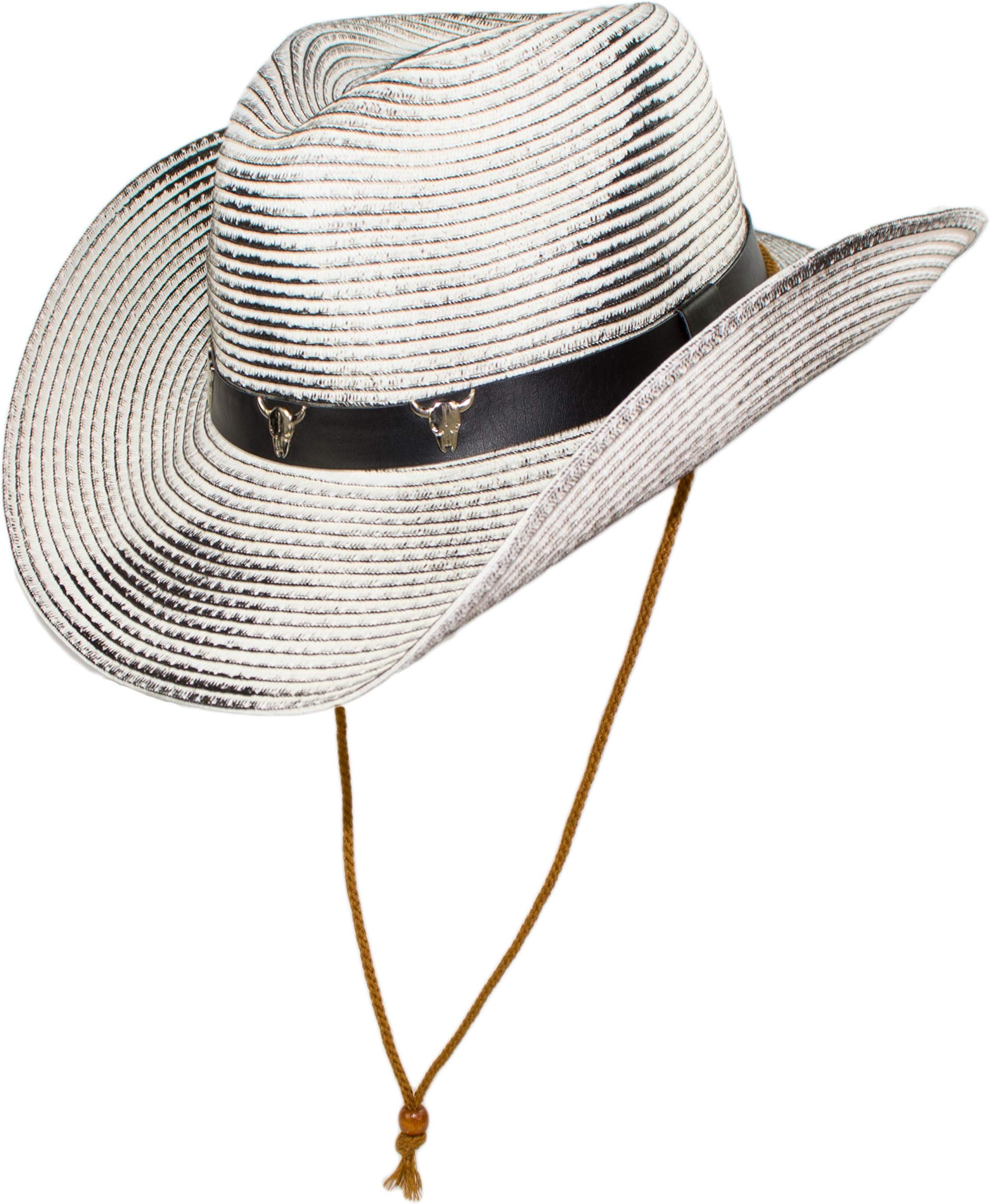 Rising Phoenix Industries Western Rustic Rodeo Shapeable Straw Cowboy Hat with Chin Strap, Black Hatband with Longhorn Skeletons