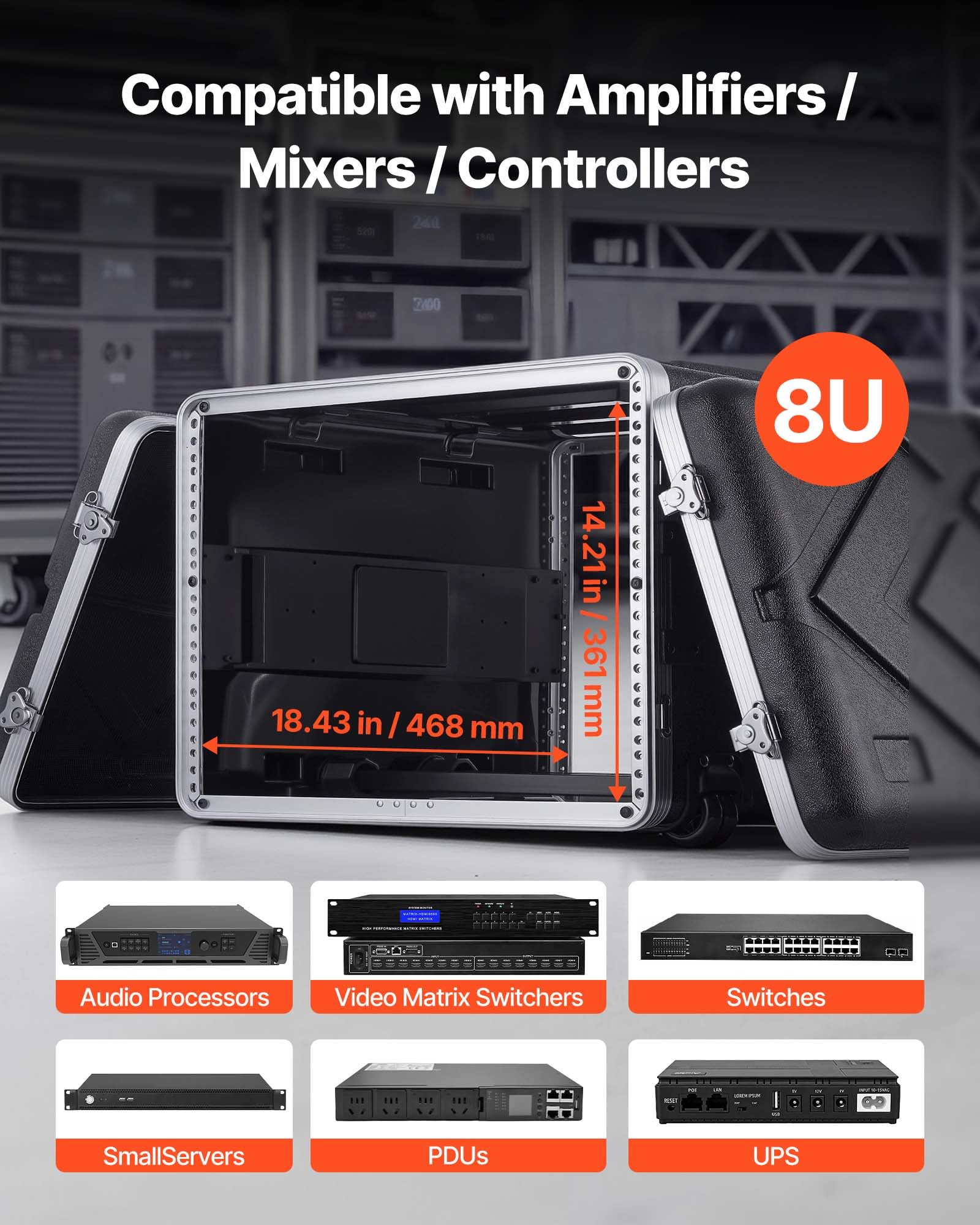 VEVOR Armadio Rack per Server, Armadio per Server 8U con Maniglia Retrattile Struttura in ABS Chiusura a Scatto, Rack per Amplificatore Altezza Montaggio 7U, Profondità Interna 468 mm