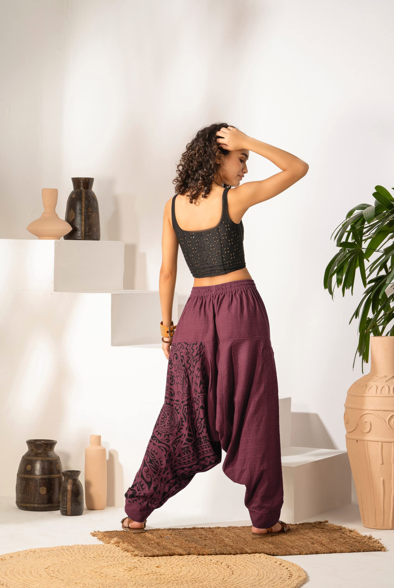 The Veshti Company Women's Hippie Style Drop Crotch Printed Baggy Boho Pants, Oversized Yoga Tribal Harem Pant for Women, Purple - Mythical Mana, M 3