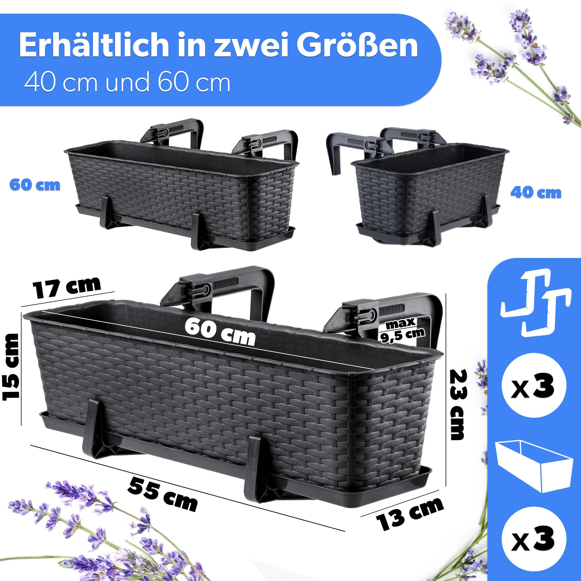 KADAX Blumenkasten 60 cm 3er Set Balkonkasten – Kunststoff Pflanzkasten für Balkon & Garten, Anthrazit, Wetterfest & Stabil, Ideal für Blumen & Kräuter