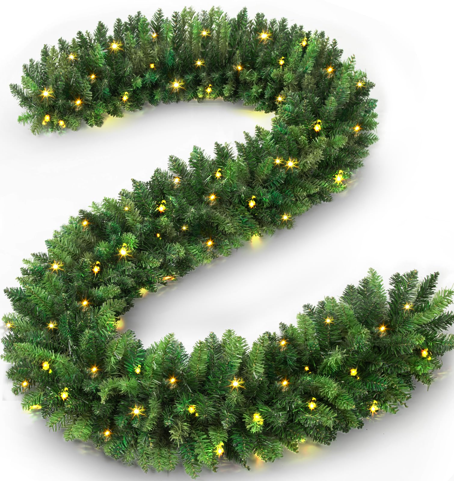 Jin&Bao 9FT Christmas Garland with Lights 100LED Prelit Green Garland Christmas Decorations with Timer 8 Modes for Mantle Stairs Door Outdoor Indoor Winter Decor (Warm White)