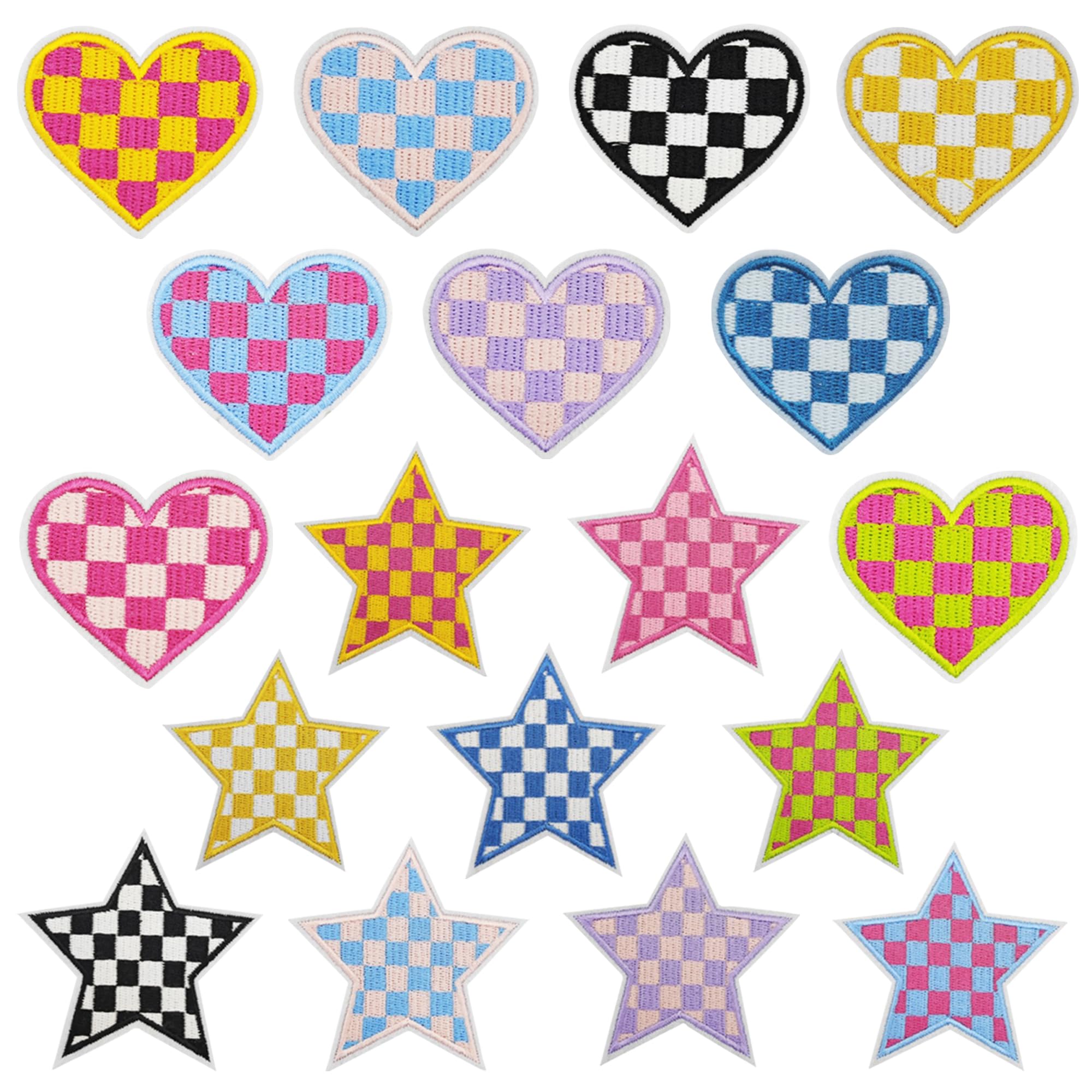 Attuslla 18 PCS Checkered Iron On Patch Checkered Embroidered Patch Appliques Stickers Kit for Clothing, Jackets, Backpacks, Jeans, Applique DIY Accessory
