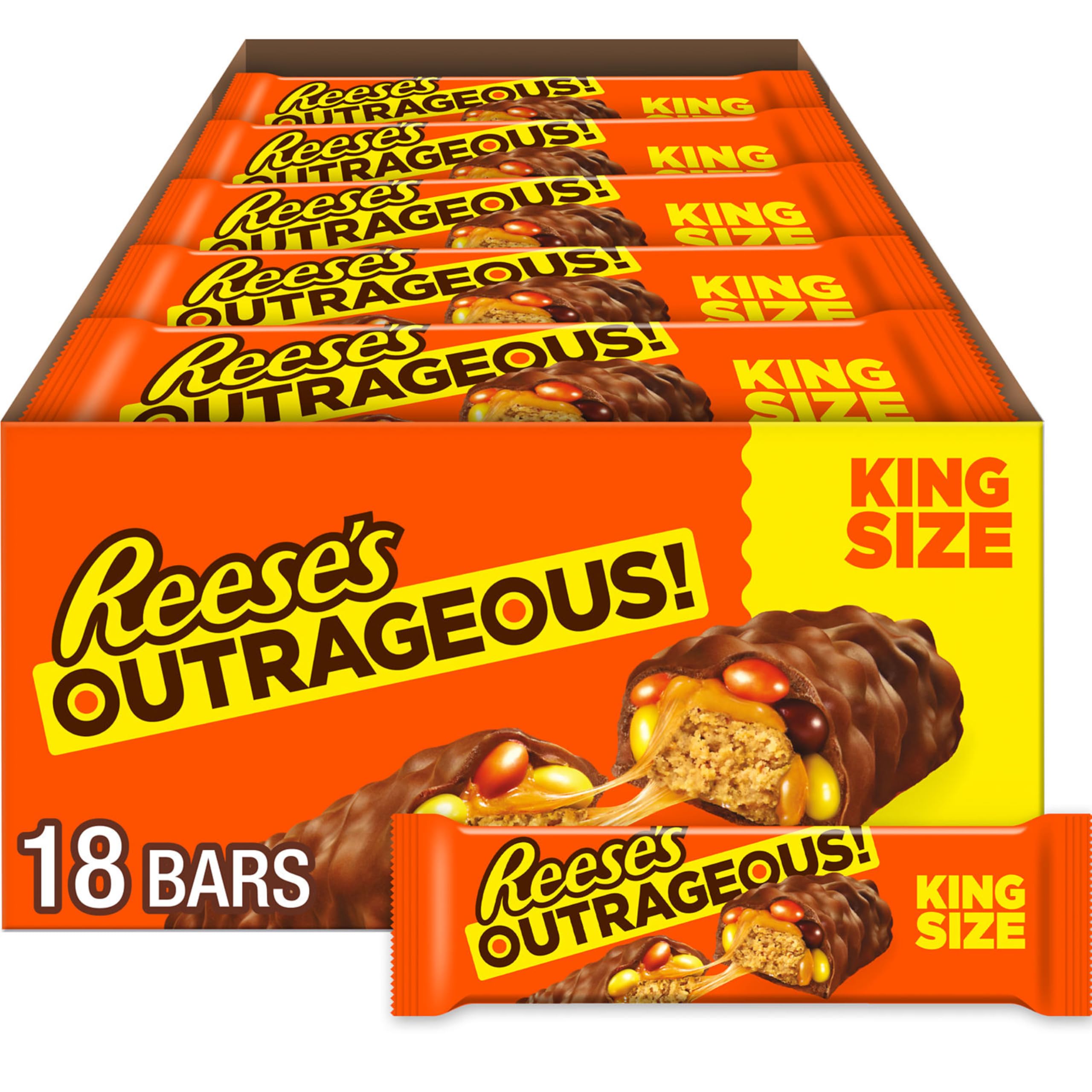 Reese'sOUTRAGEOUS! Peanut Butter, Caramel and PIECES King Size, Candy Bars, 2.95 oz (18 Count)