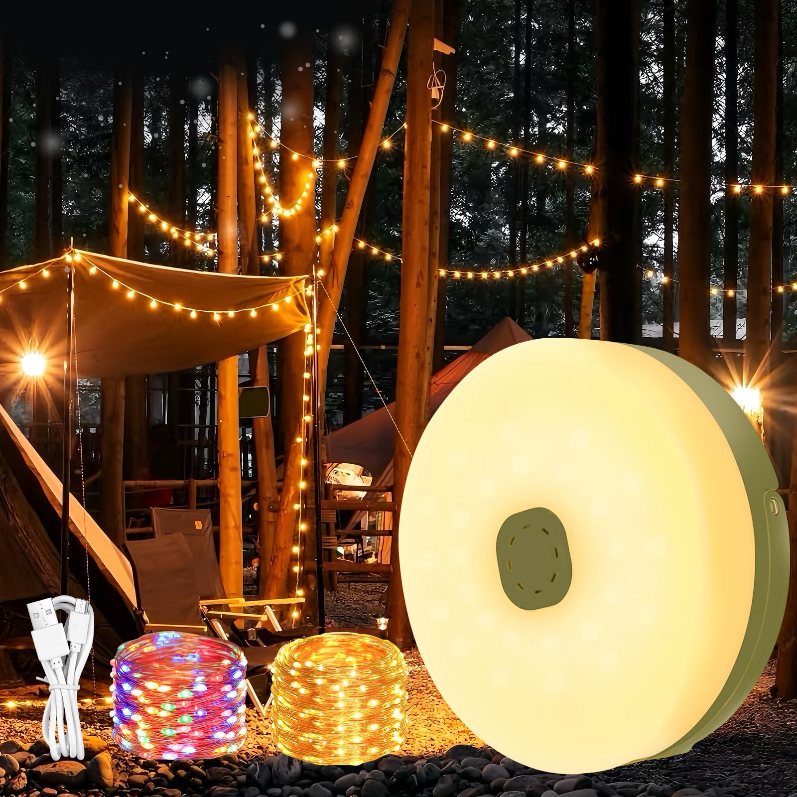 KEWUZY Camping Lichterkette Aufrollbar - 10m Aufrollbare Lichterkette Wasserdicht Usb Aufladung Mit 8 Beleuchtungsmodi Akku Für Camping, Wandern Und Hofdeko