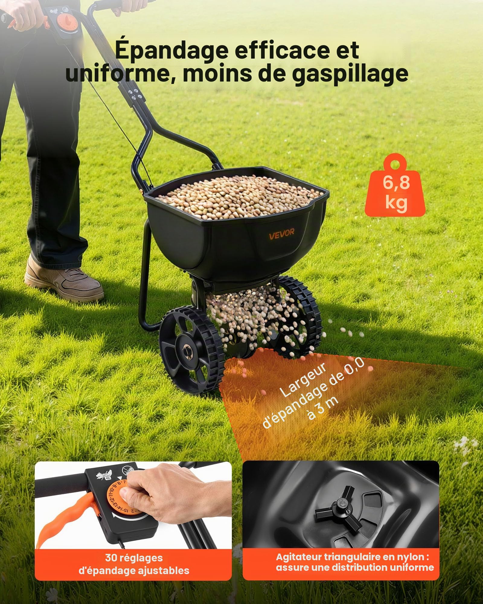 VEVOR Épandeur Engrais Capacité 6,8 kg Épandeur à Semence Largeur Épandage 0-3 m Semoir à Pousser pour Graines, Sel de Déneigement, Semer Jardinage, Pelouse, Gazon, Débit Réglable, avec Roues 25,4 cm