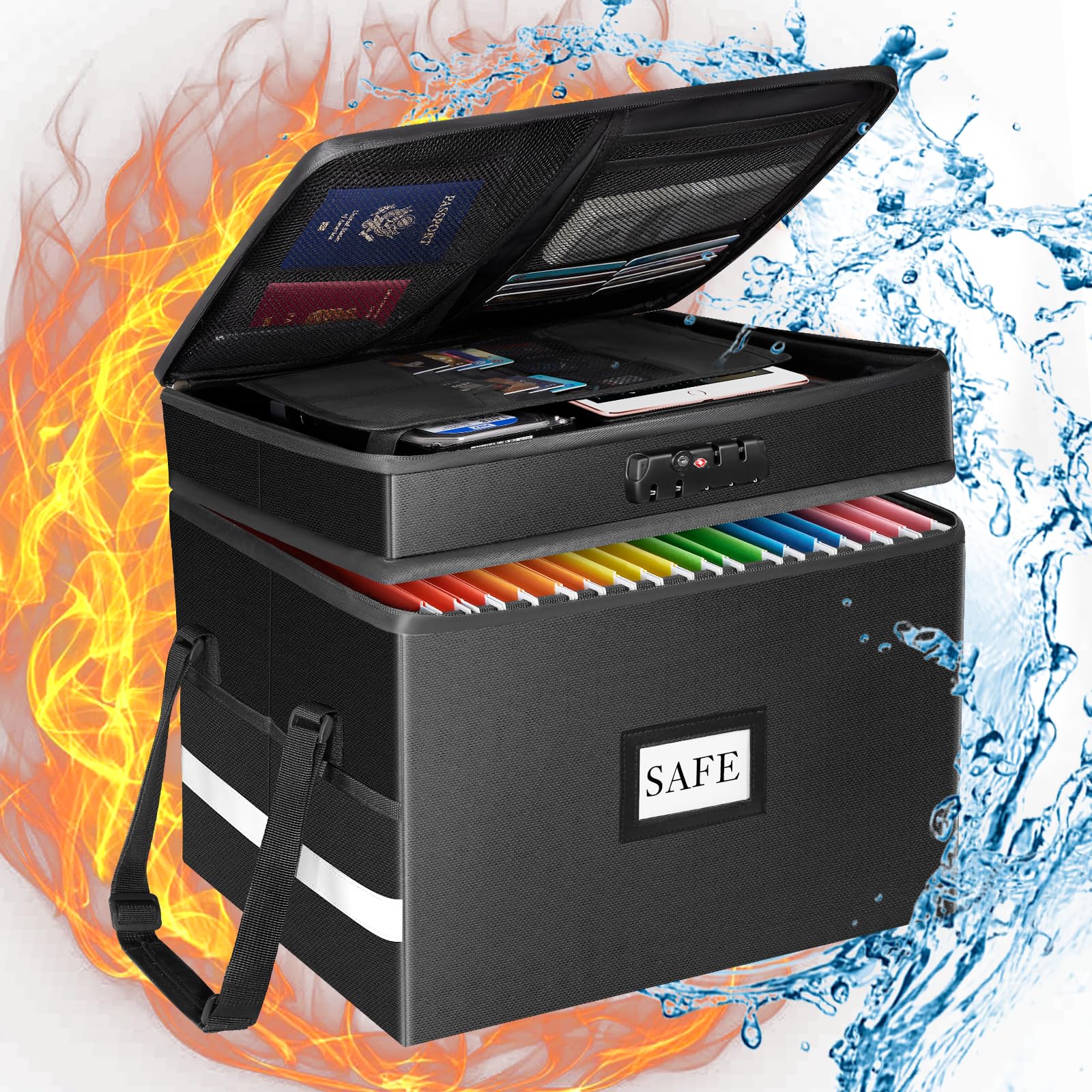 File Box with Lock, 2 Layers Fireproof Document Box, Waterproof Portable File Storage Organizer, 36 Pockets Fire Resistant Organizer,Adjustable Handle for Hanging Letter/Legal Folder