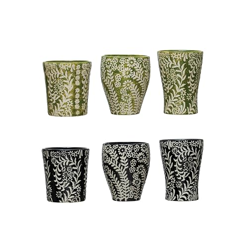 Creative Co-Op Farmhouse Stoneware Cups with Wax Relief Botanicals, Set of 6 Styles, 2 Colors