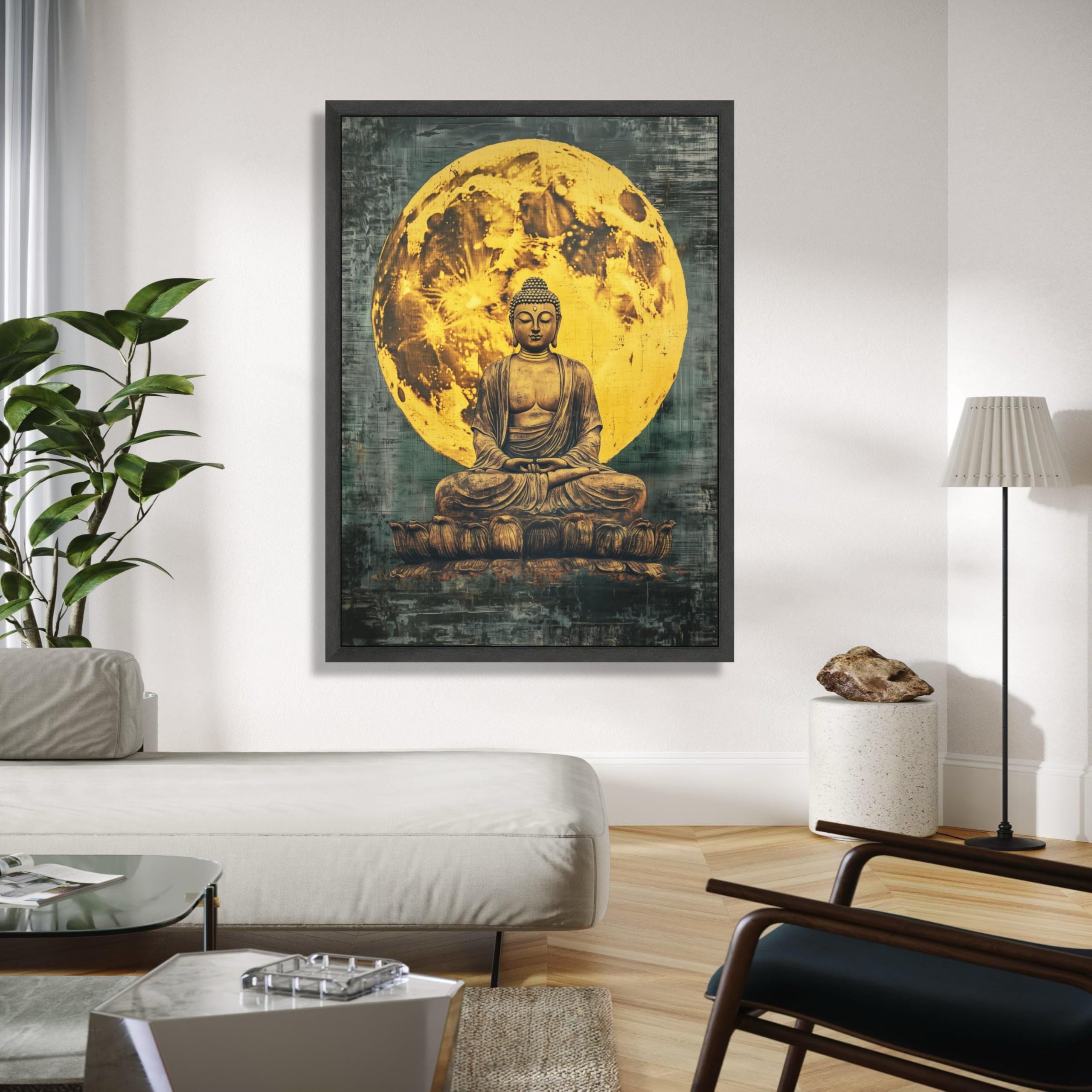 YUSUZHU Stampa su tela raffigurante la statua del Buddha in meditazione, sfondo con luna piena, decorazione zen spirituale, dipinto per sala yoga, stampa per arredamento (50x75 cm/cornice interna)