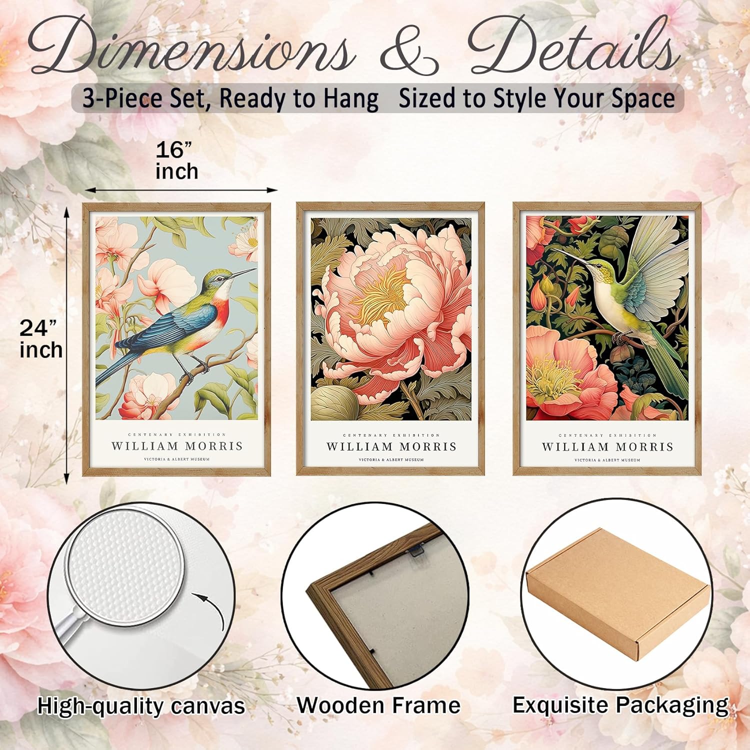 3 Pcs Framed Vintage Botanical Canvas Wall Art, Hummingbird and Peony Floral Poster Prints, Antique Rustic Gallery Home Decor for Living Room Bedroom Office, 16 x 24 Inch Ready to Hang