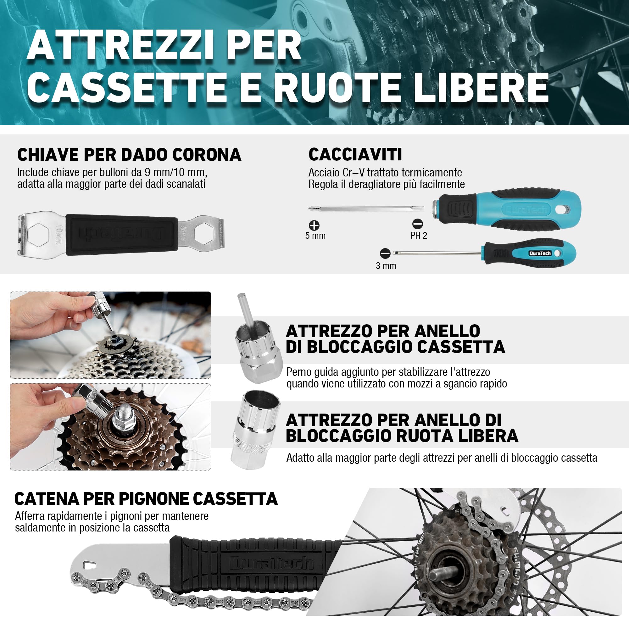 DuraTech Kit Professionale di Attrezzi per Bicicletta 41 Pezzi, Set di Riparazione per Catene, Pneumatici e Pedali con Custodia Portatile