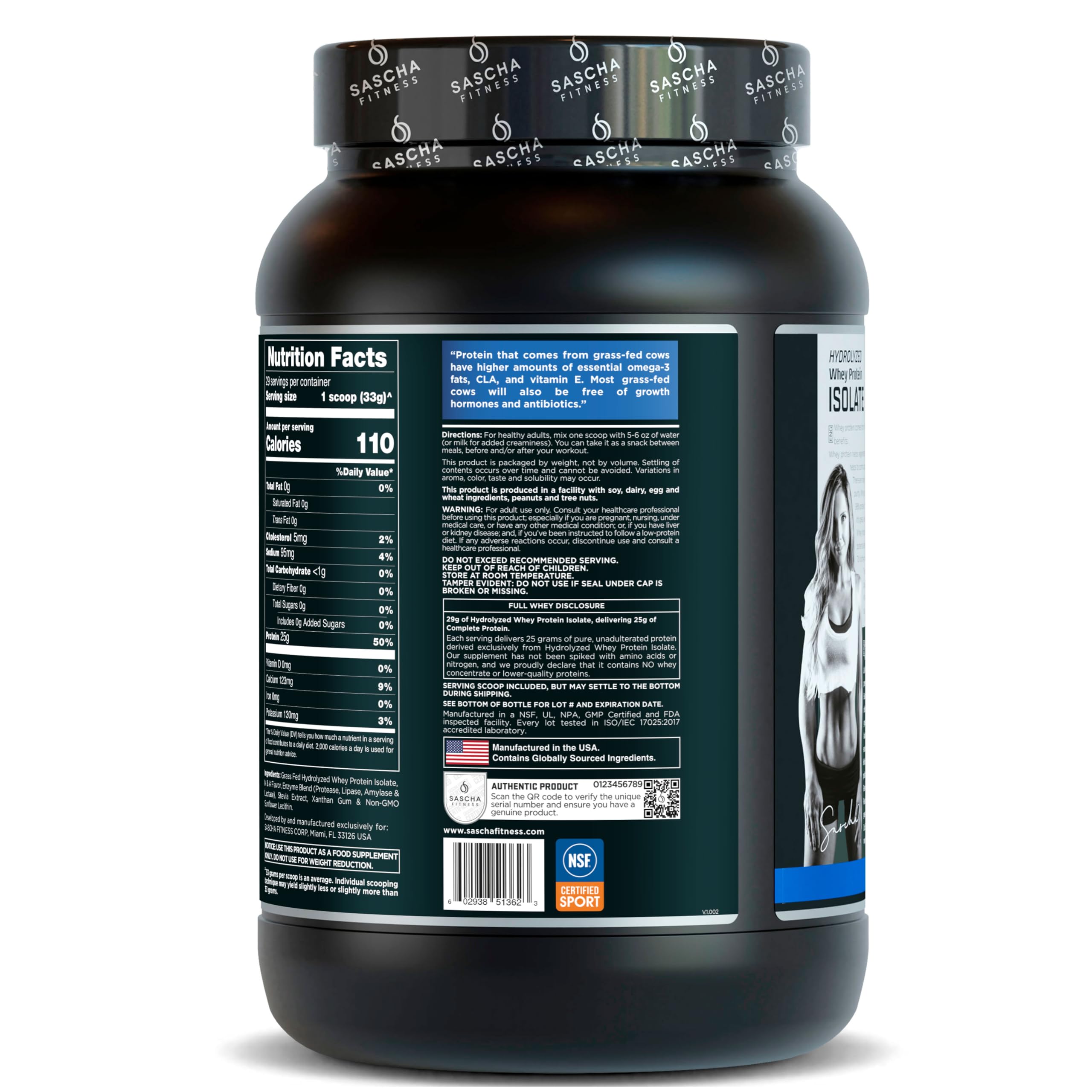 SASCHA FITNESS Proteína Whey Isolate Hidrolizada Grass Fed - Sabor Vainilla - Sin Lactosa, Sin Azúcar, Sin Gluten - Con Enzimas Digestivas y Stevia - Baja en Calorías y Grasa - 957g (29 Servicios)