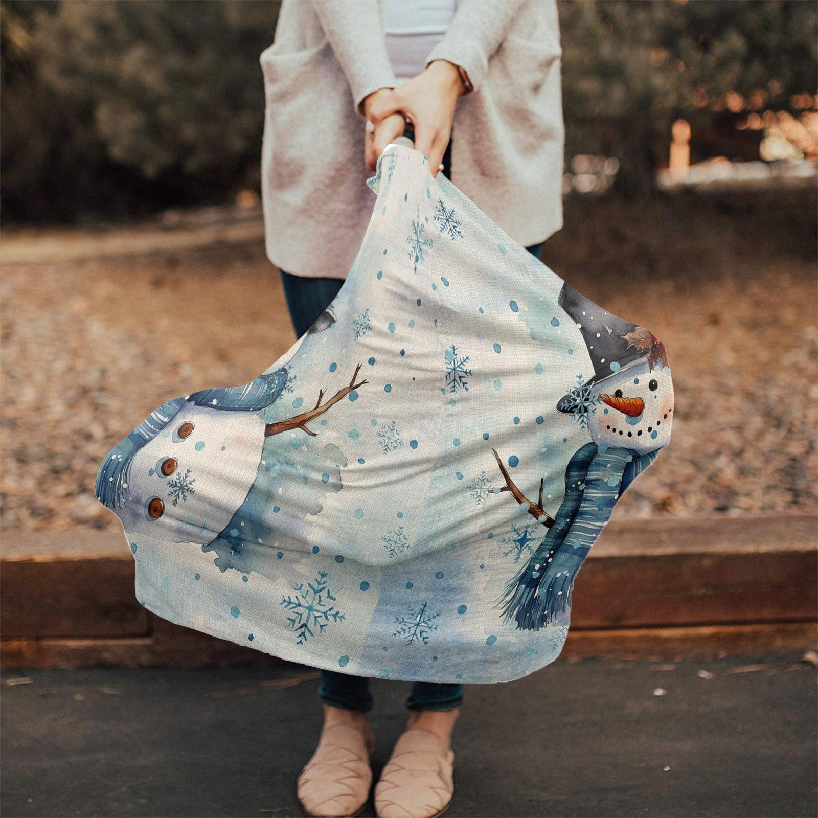 Nursing Cover for Breastfeeding Scarf, Merry Christmas Snowman Watercolor Blue Baby Car Covers Super Soft Multi Use for Canopy Shopping Cart Cover Blanket Stroller Cover