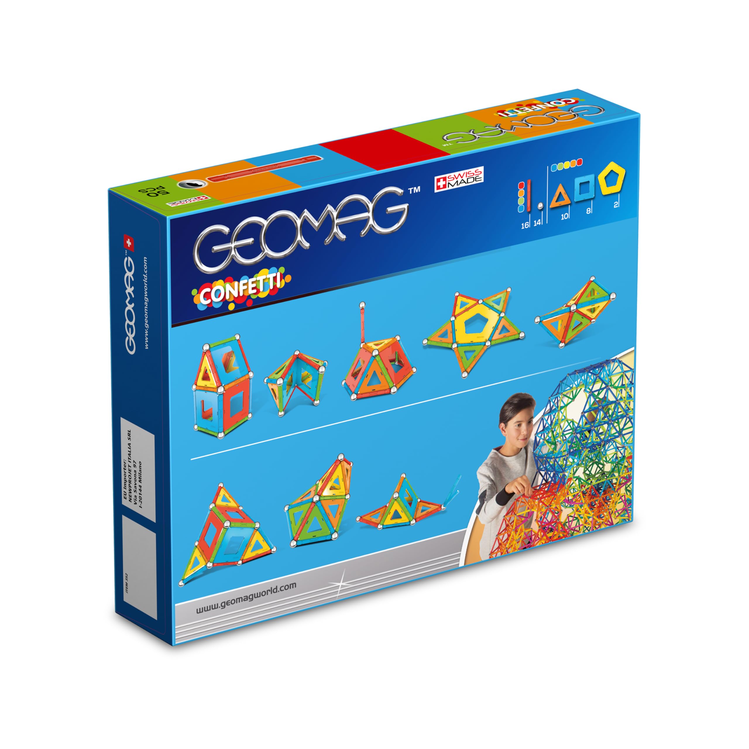 Vue rapprochée des pièces colorées du jeu de construction magnétique Geomag Classic Confetti, illustrant la variété des formes et des couleurs.