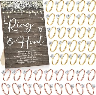 Bucherry Bridal Shower Games with Rings Funny Hunt Games Sign Wooden Game Sign and 100 Mini Plastic Fake Rings with Diamond for Bride Shower Game Wedding Winner Gifts Party Favors(Rustic)