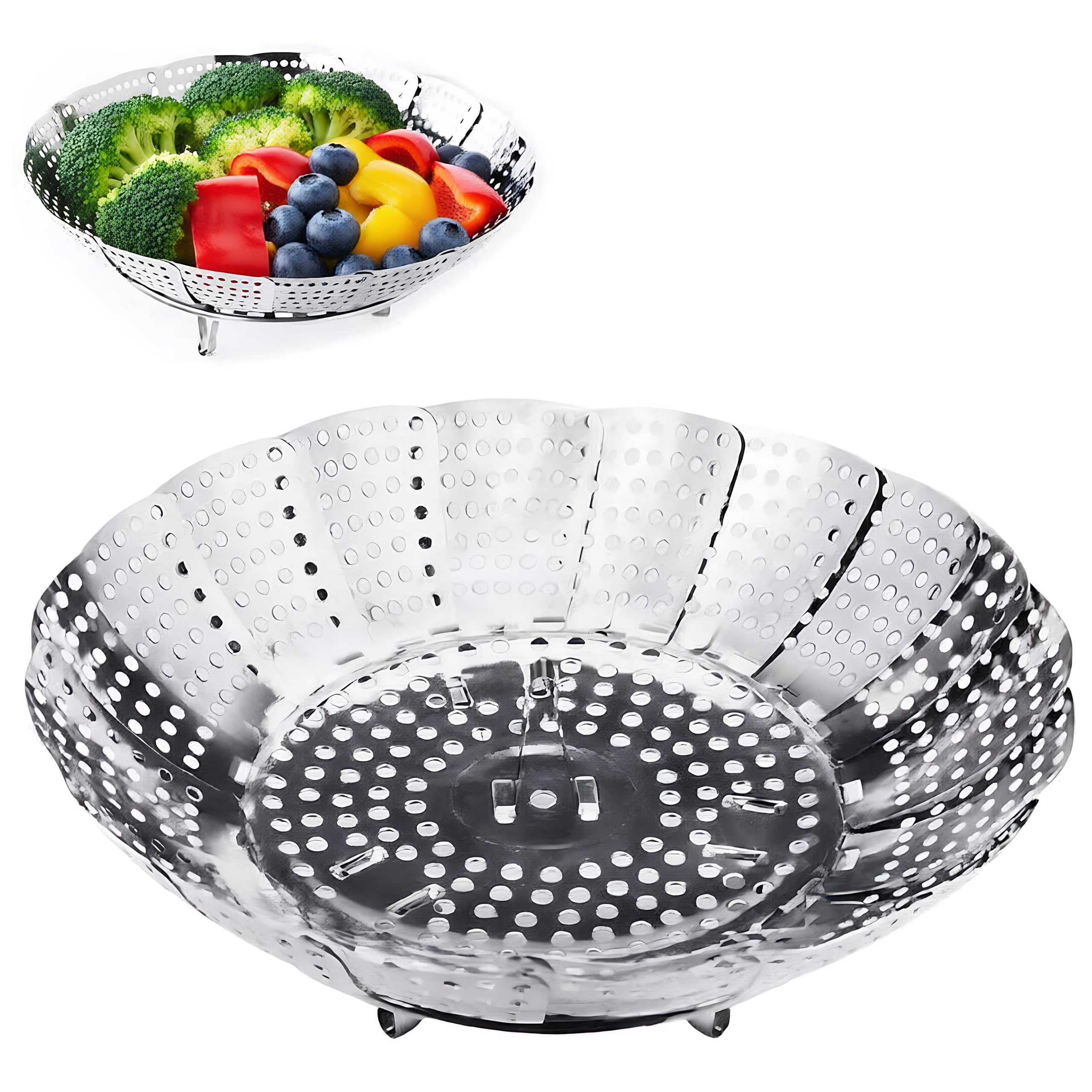 Stainless Steel Steamer Basket for Cooking Collapsible and Foldable Vegetable Steamer Insert Metal Steaming Basket for Vegetables Fish and Seafood Kitchen Cooking Gadget (Silver)