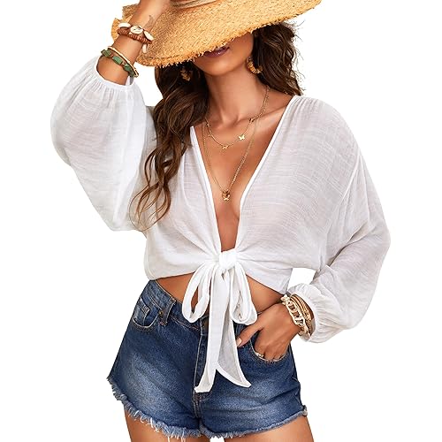 Women's Swimwear Cover Ups Tops Tunic Self-tie Swimsuit Bikini Bathing Suit Long Sleeve Soft Beach Shirt for Women