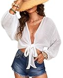 Women's Swimwear Cover Ups Tops Tunic Self-tie Swimsuit Bikini Bathing Suit Long Sleeve Soft Beach Shirt for Women