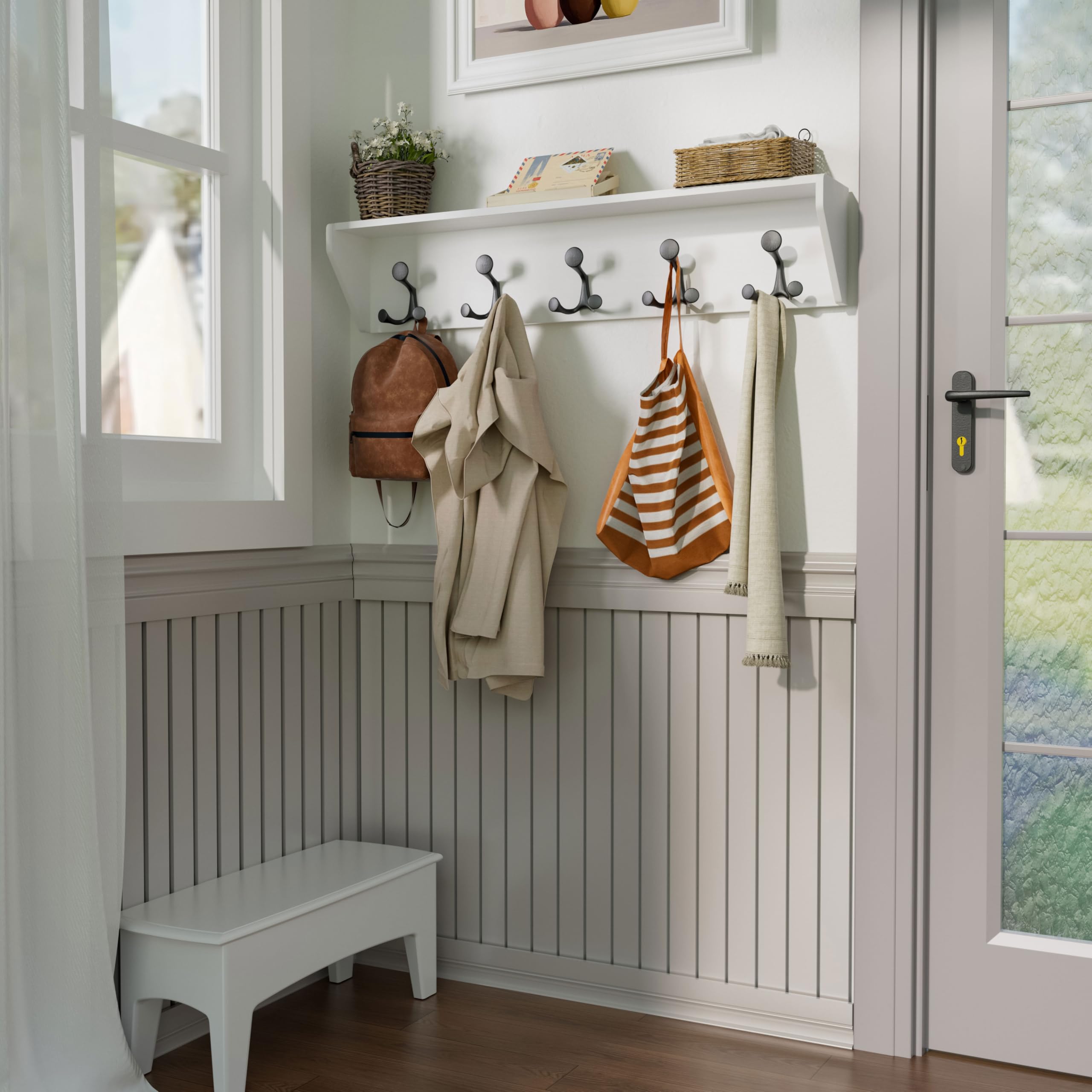 SKOLOO Ganci da parete con mensola, appendiabiti da parete resistente, con 5 ganci tripli per cappotti, zaini, vestiti, mensola sospesa da appendere in ingresso, corridoio, soggiorno, bagno, camera da
