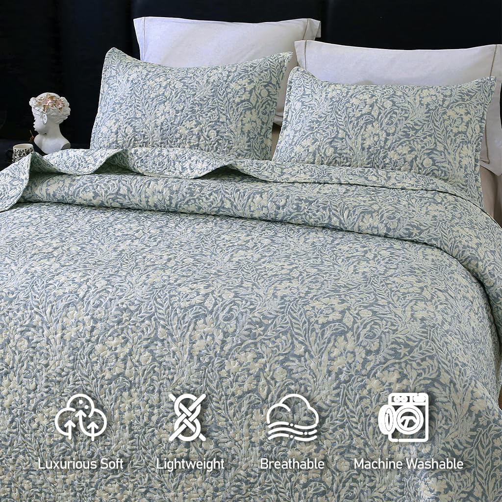 DURLENGEN Quilt Set California King Size 3Pcs,Bluish Grey Printed with Beige Leaves Pattern,Soft Microfiber Lightweight Bedspread for All Season Layering(112x104,Beige Botanical) - Image 3