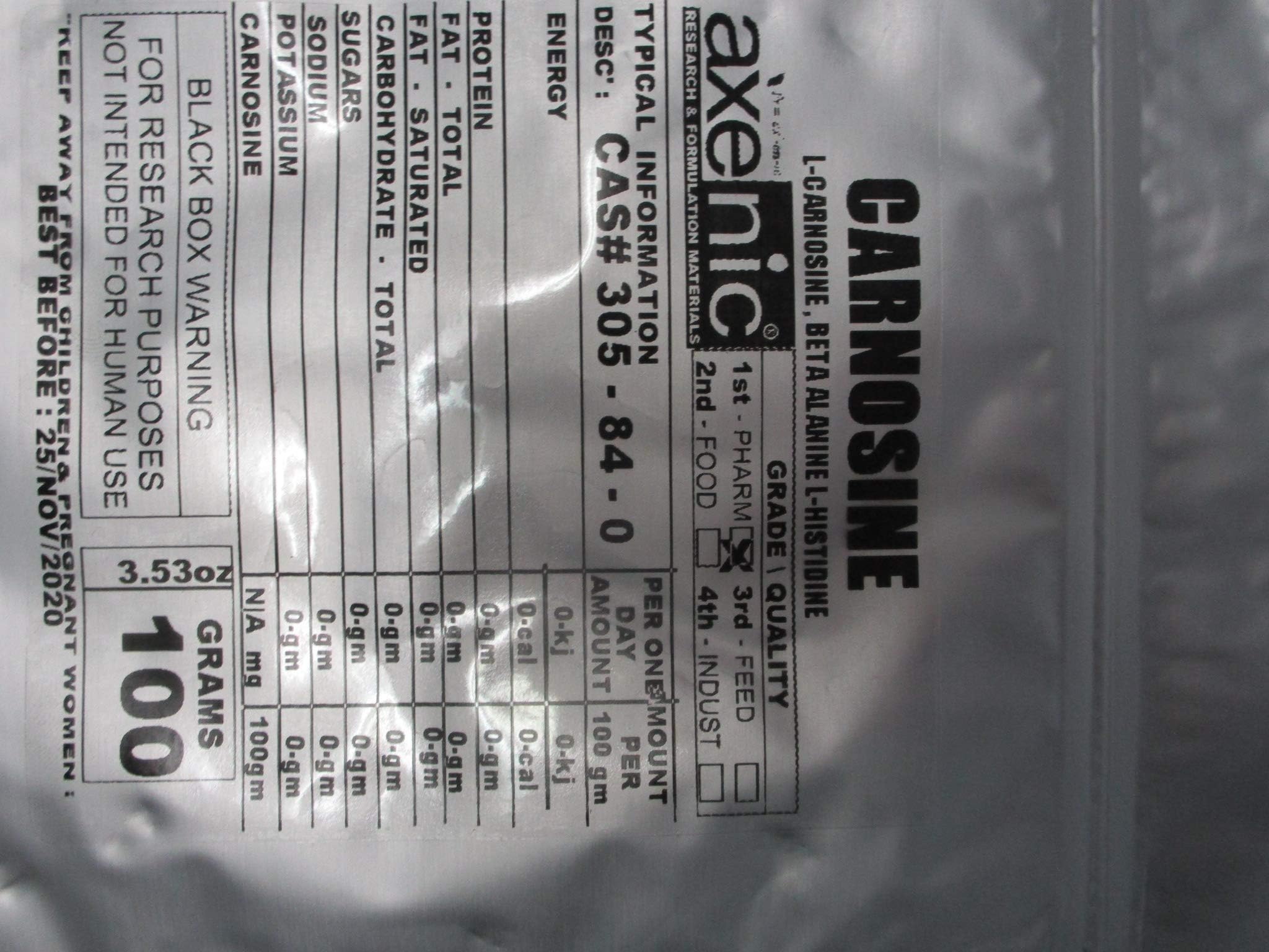 100 Grams CARNOSINE, l-carnosine, beta-alanyl-L-histidine