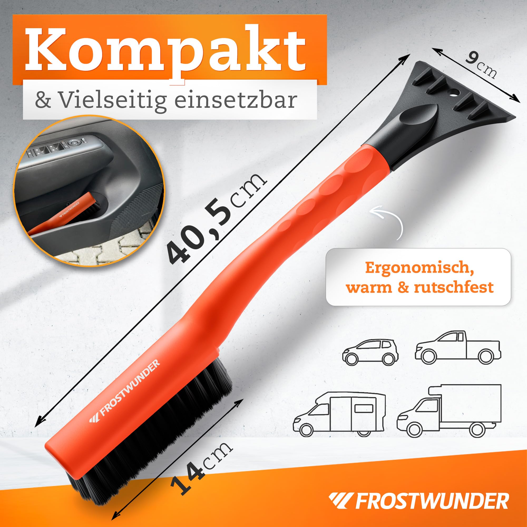 FROSTWUNDER Skrobaczka samochodowa z miotłą [Made in Europe] – 41 cm profesjonalna szczotka do śniegu z delikatnym włosiem – łatwa do przechowywania skrobaczka do szyb samochodowych – trwała