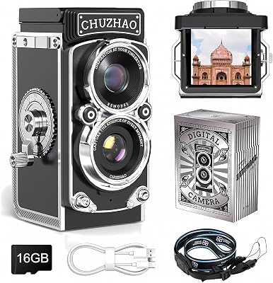 Chuzhao Appareil Photo Vintage Numérique avec Réglage de L’heure, Portable TLR Style Rétro 1080P FHD Vidéo 12MP Photos Autofocus Mini Digital Camera avec Carte de 16Go pour Débutants Adolescents, Noir