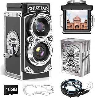 Vintage Mini Digital Camera with Date & Time Setting - Portable Retro TLR Style, 1080P FHD Video 12MP Photos Autofocus Compact CHUZHAO Camera with 16GB Card for Beginners Teens Adults, Black