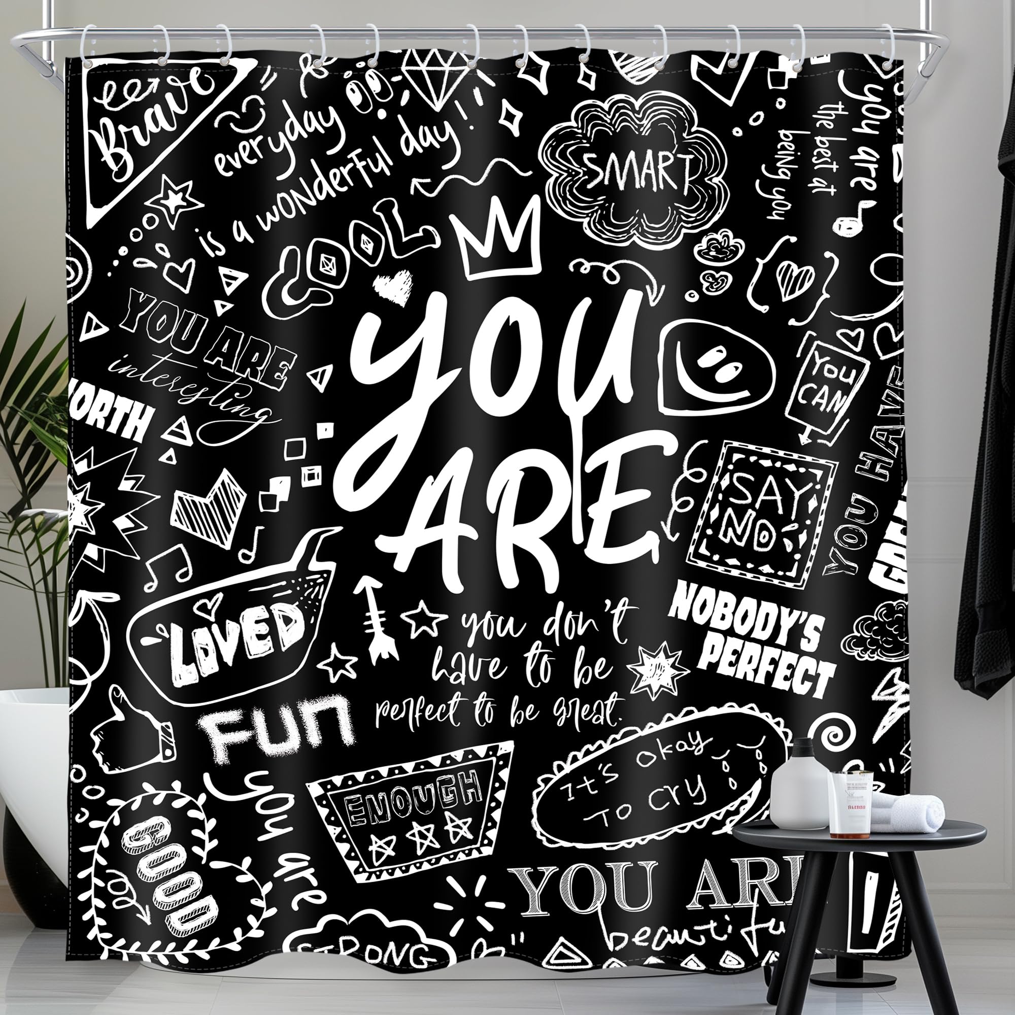 AMBZEK Kids Inspirational Quotes Shower Curtain 72Wx72L Inch Black White Teens You are Motivational Abstract Funny Cool Artwork Cloth Fabric