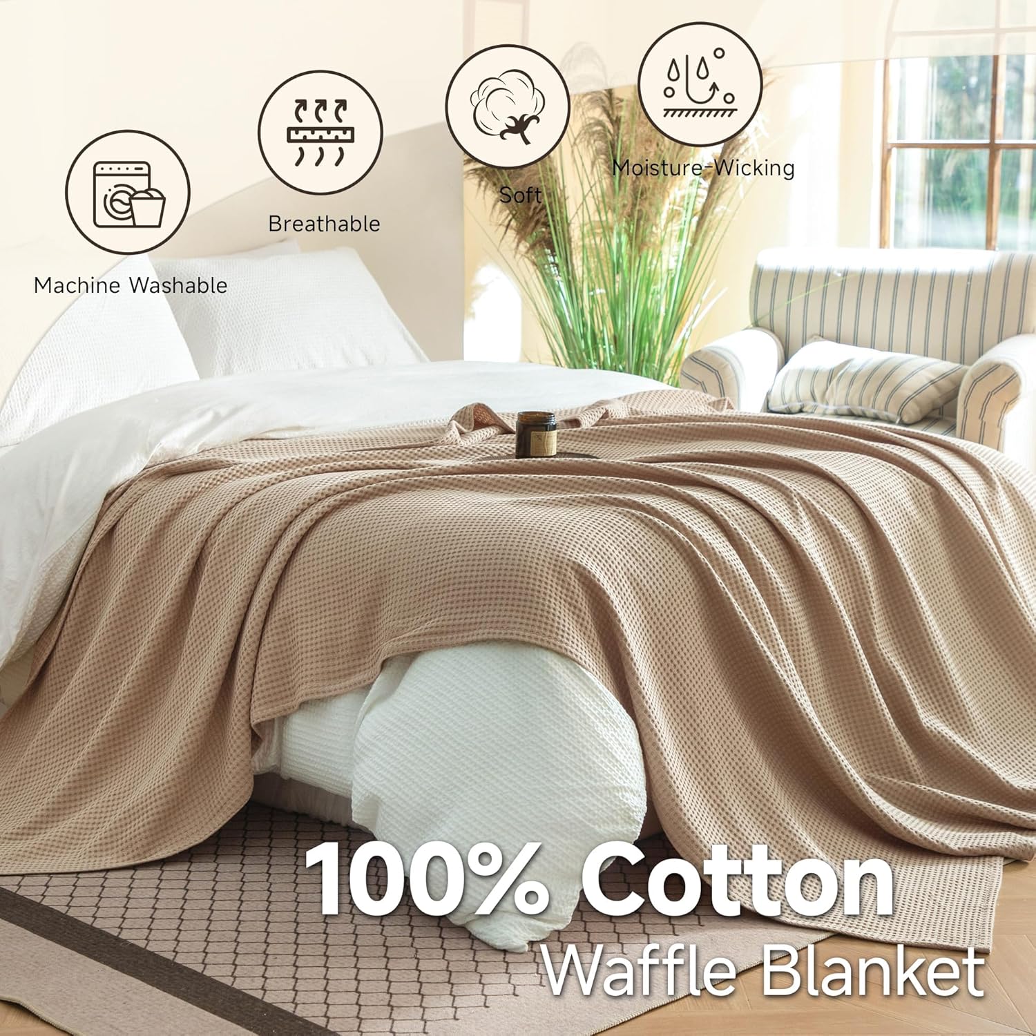100% Cotton Waffle Weave Blanket for Bed Couch, Soft Lightweight Breathable Cozy Blankets Home Décor for All-Season (Beige, 40"x50") - Image 3