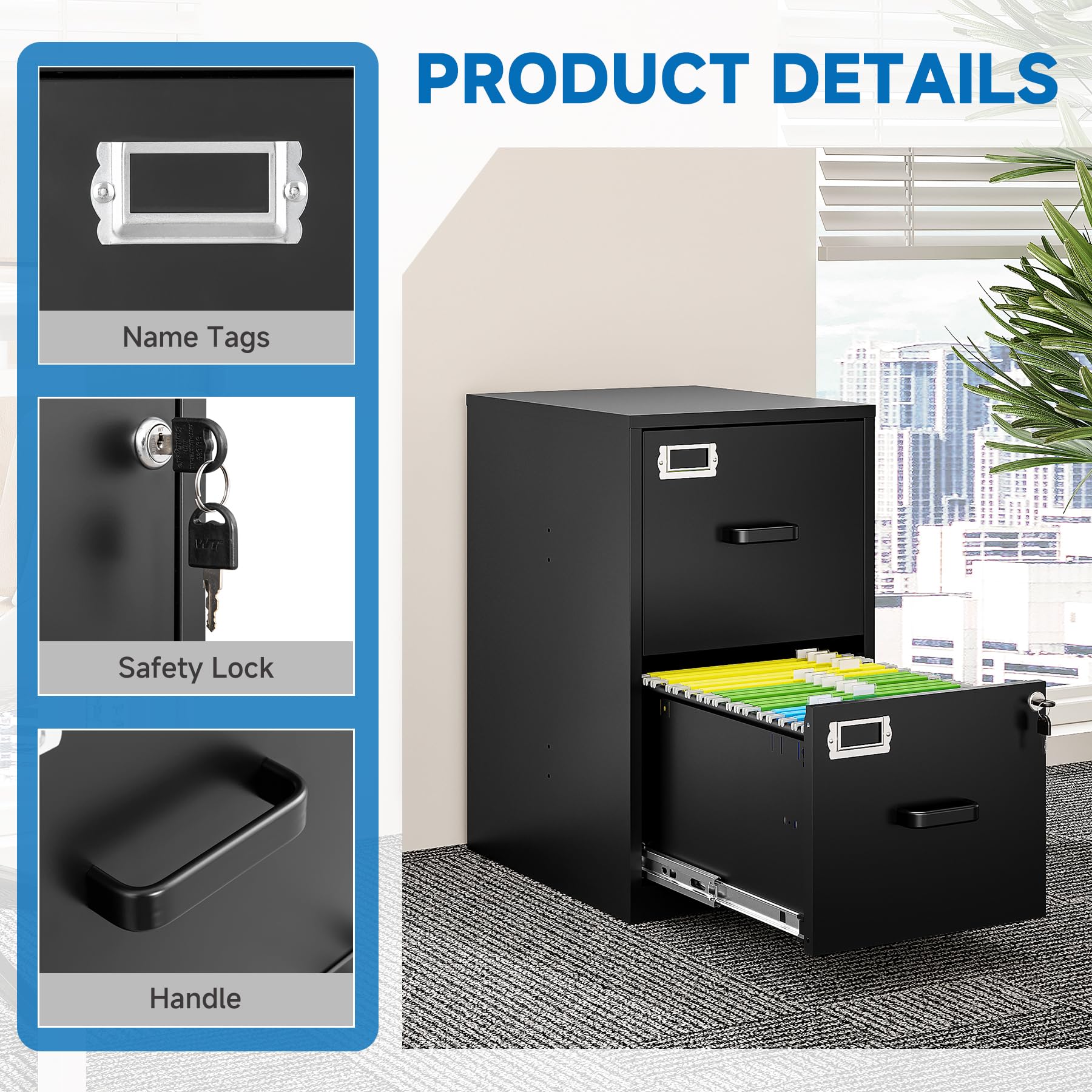 2 Drawer File Cabinet with Lock Vertical Filing Storage Cabinet Office Home Steel Vertical File Cabinets for Letter Size File Cabinet Locked,Assembly Required