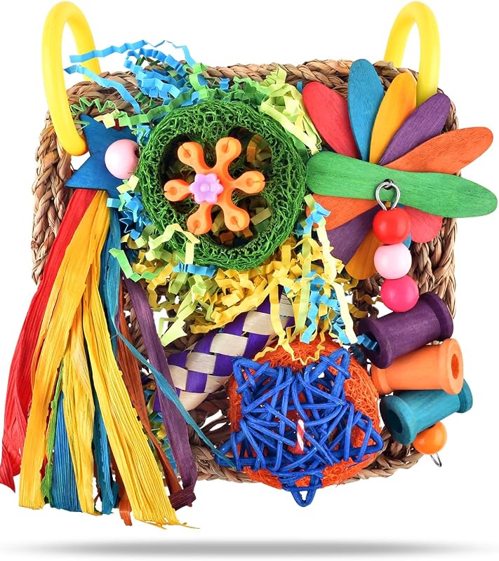 Brinquedo de Forrageamento para Aves com Madeira, Corda de Algodão e Rede de Seagrass ERKOON ALUS-0001-YWWJ