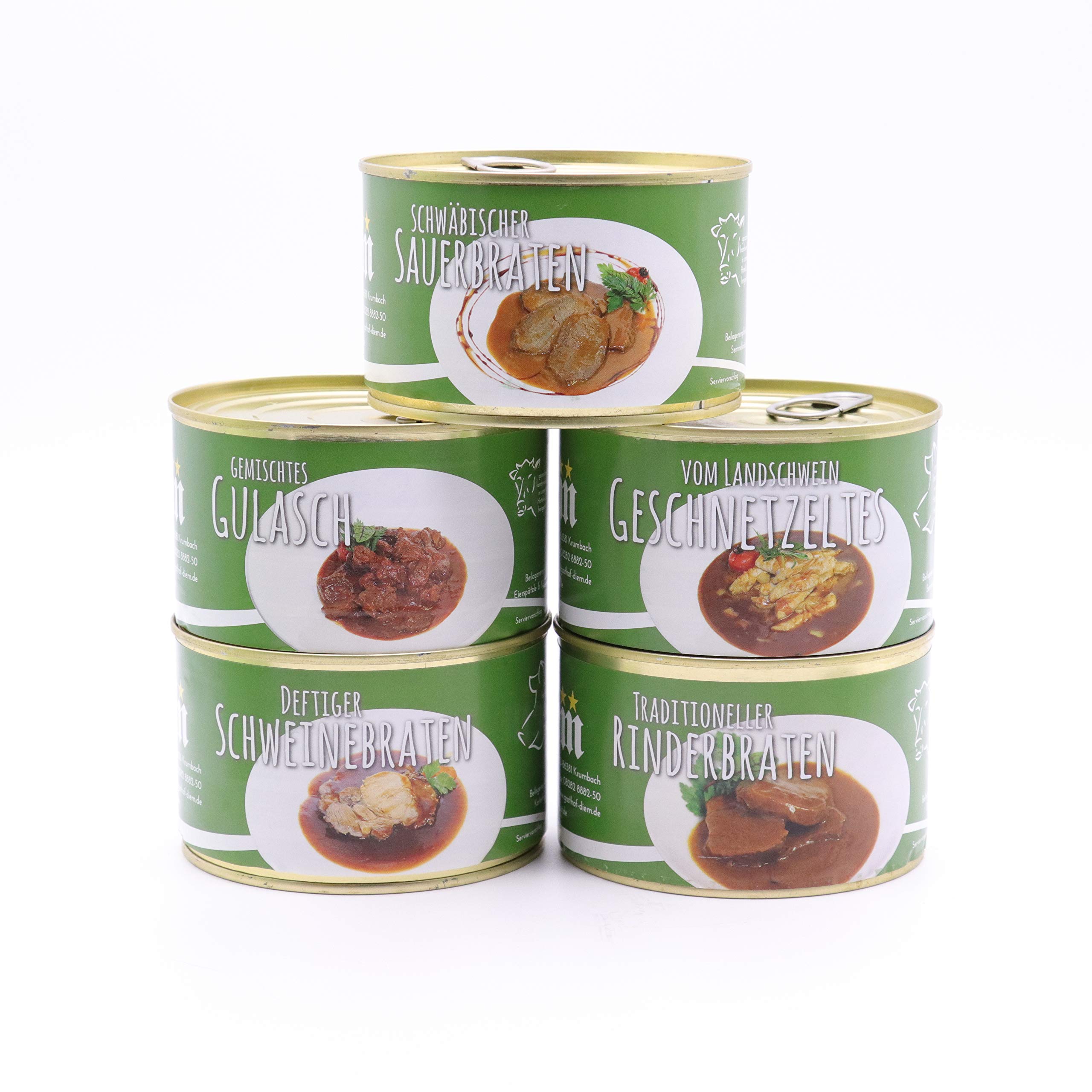 Diem Genießer-Rationspaket – 8 Tage / 8 Menüs (15 x 400 g Dosen) – Schweinebraten, Gulasch, Sauerbraten, Rinderbraten & mehr – Notvorrat, Camping, Outdoor – Hergestellt in Bayern, lange Haltbarkeit