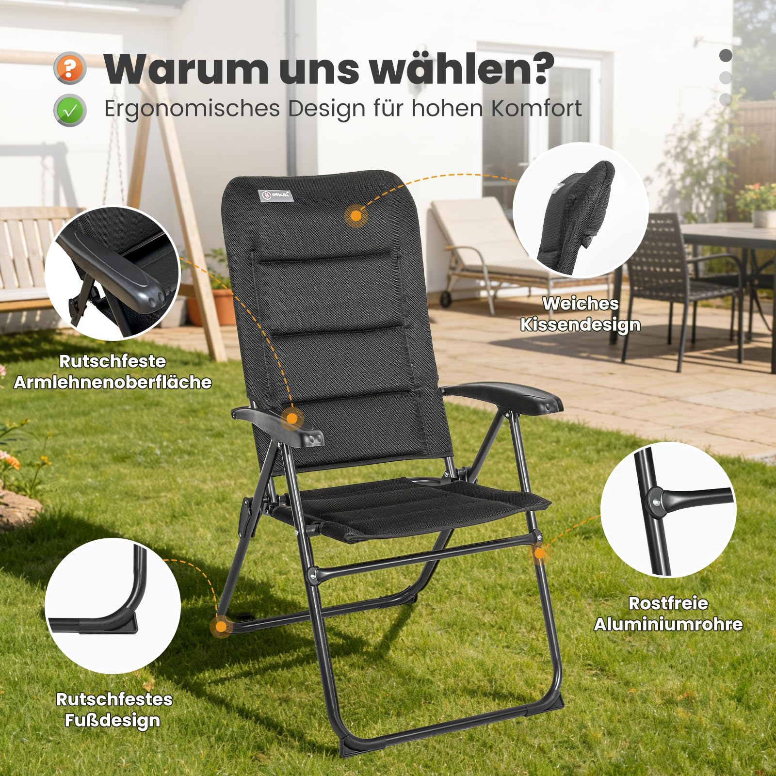 Homecall 2 er Set Campingstuhl Faltbar Gartenstuhl Klappbar Hochlehner Belastbar 150 KG - Balkonstuhl Angelstuhl Terrassenstühle, 5-Fach Verstellbare Rückenlehne mit Armlehne für Camp, Garten, Balkon