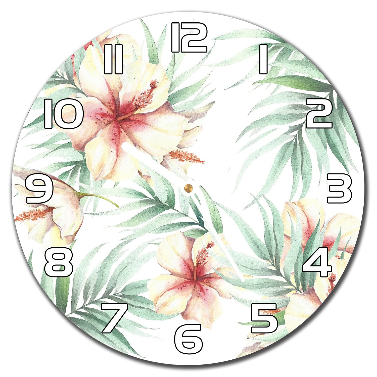 Horloge en verre sécurité 30 cm fleurs d'Hawaii de salon moderne aux aiguilles blanches